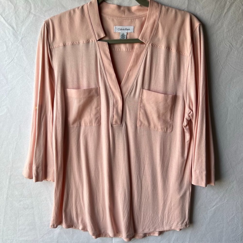 Calvin Klein L Pink Yoke Collar Placket Pocket 3/4 Sleeve Top